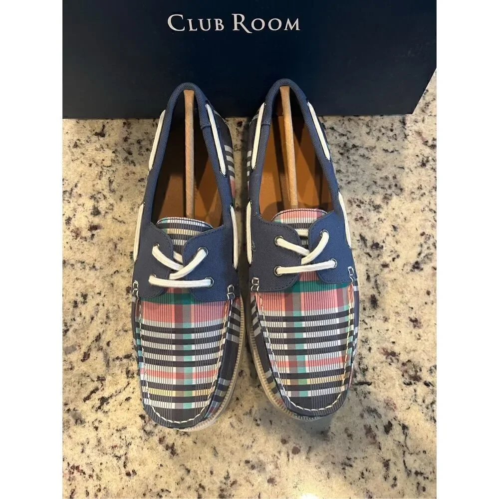 Clubroom Mens Blue Plaid Padded Elliot Round Toe Lace-Up Boat Shoes